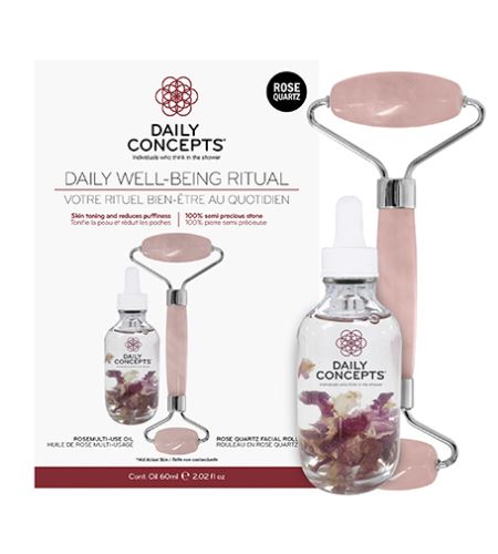 Daily Concepts Zestaw upominkowy Daily Well-Being Ritual Codzienny wałek do twarzy z kwarcu różanego + olejek różany 60 ml
