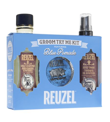 REUZEL Blue Pomade Groom Try Me Kit zestaw prezentowy (szampon do częstego mycia Szampon dzienny 100 ml + pomada do włosów silnie ujędrniająca i nabłyszczająca Blue Pomade 35g + tonik do stylizacji włosów Surf Tonic 100 ml)