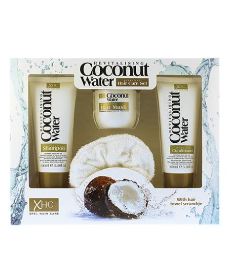 Xpel Coconut Water Haircare Set zestaw upominkowy szampon nawilżający 100 ml + odżywka nawilżająca 100 ml + nawilżająca maska do włosów 100 ml + gumka do włosów