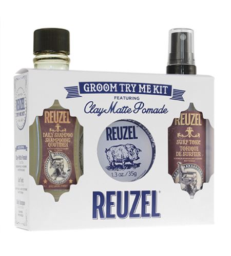 REUZEL Clay Matte Pomade Groom Try Me Kit zestaw prezentowy (szampon do częstego mycia Szampon codzienny 100 ml + pomada do włosów glinkowa dla silnego wzmocnienia Clay Matte Pomade 35g + tonik do stylizacji włosów Surf Tonic 100 ml)