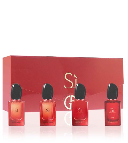 Giorgio Armani Sì zestaw miniatur dla kobiet Sì Passione parfémovaná voda 7 ml + Sì Passione Éclat parfémovaná voda 7 ml + Sì parfémovaná voda 7 ml + Sì Intense parfémovaná voda 7 ml