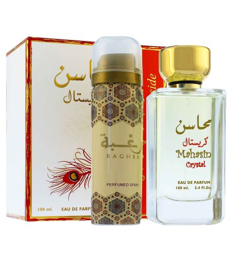 Lattafa Mahasin Crystal zestaw prezentowy dla kobiet woda perfumowana 100 ml + deospray 50 ml