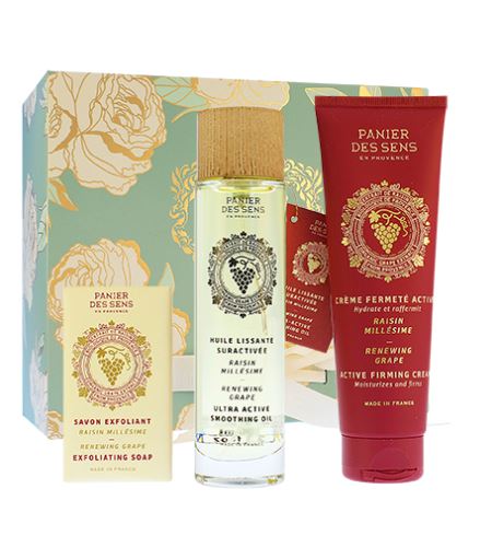 Panier Des Sens Renewing Grape zestaw prezentowy mydło złuszczające 150 g + suchy olejek do ciała 100 ml + ujędrniający krem do ciała 140 ml